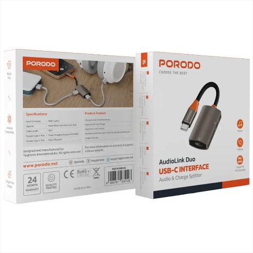 Picture of Porodo AudioLink Duo USB-C Interface Audio and Charge Splitter - Black & Orange