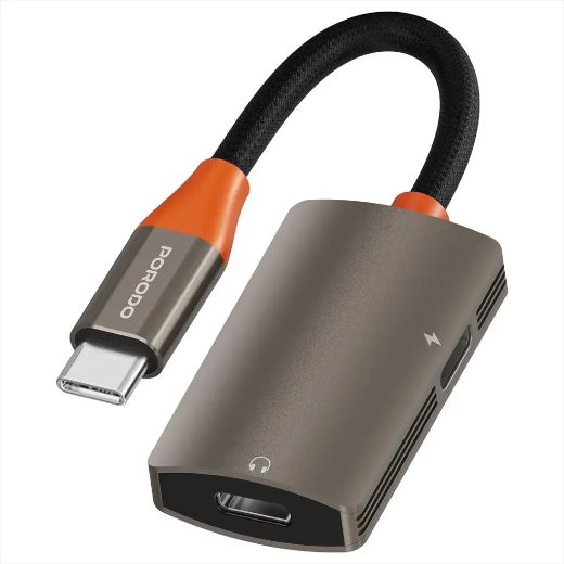 Picture of Porodo AudioLink Duo USB-C Interface Audio and Charge Splitter - Black & Orange